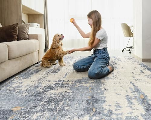 8x10 Area Rug Living Room Rugs - Washable Neutral Modern Abstract Soft Thin Rug Indoor Floor No Slip Rug Carpet for Bedroom Under Dining Table Home Office Decor - Blue/Light Brown