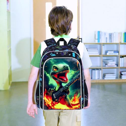 Image of 16 inch Dinosaur Backpack for Boy, 3Pcs Bookbag for Elementary Preschool Kindergarten, Kids School Backpacks with Lunch Box (Black)