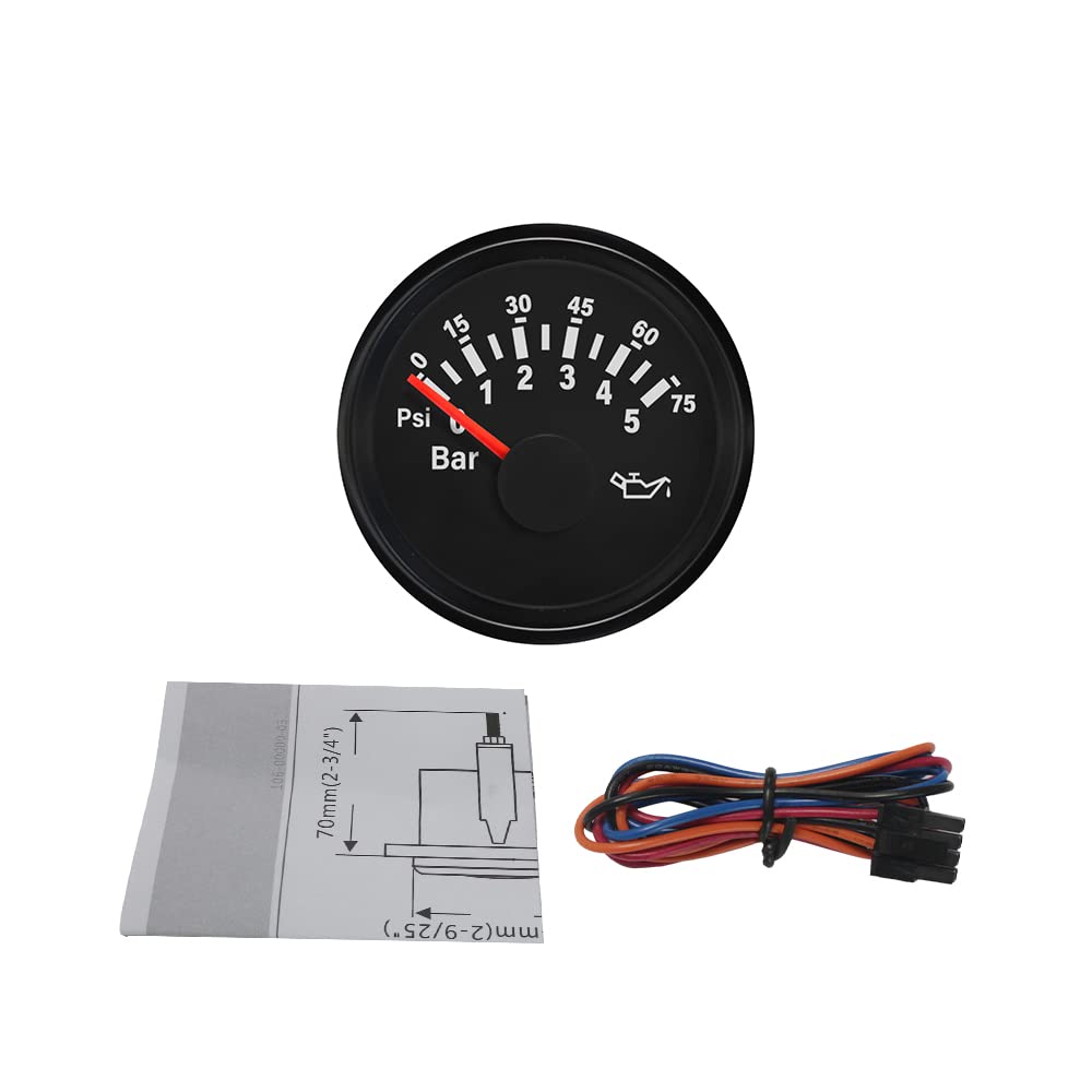 ELING Jauge de pression d'huile au mètre 0–5bar 0-75psi 52mm 12V/24V avec rétroéclairage pour tracteurs UTV