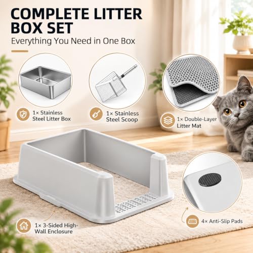 Image of XL Stainless Steel Cat Litter Box with High Sided Enclosure, Scoop & Mat