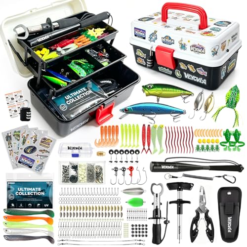 376 Pièces, Mallette de Rangement avec Outils de Pêche - Assommoir, Pince, Détache-hameçon, Leurres, Plombs et Hameçons adaptés à Sandre, Perche,...