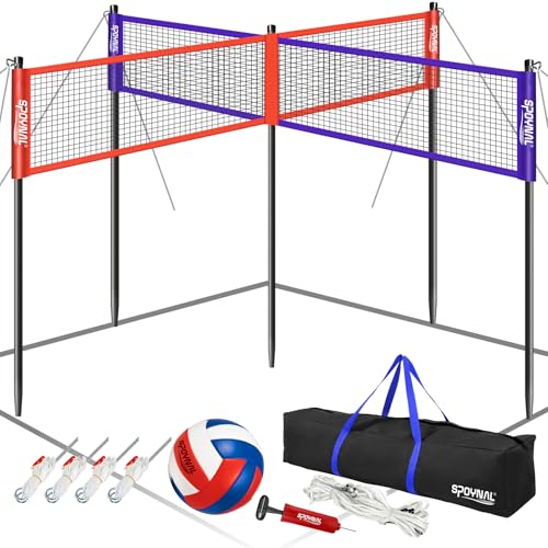 SPOYNAL 14FT 4 Way Volleyball Net Set 4 Square Volleyball Game Set with Adjustable Height 7/5.3/3.5 FT Outdoor Games for Backyard Beach Park with Volleyball & Carry Bag