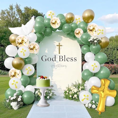Image of 132Pcs God Bless Baptism Green Balloon Garland Arch Kit First Holy Communion Decoration Christian Party Decor Cross Dove Balloon Girl Mi Bautizo Christening Birthday Baby Shower Party Supplies
