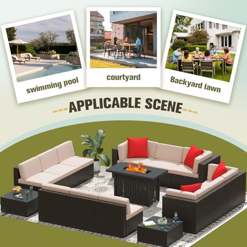 Image of Greesum Patio Furniture Sets 15-Pieces Outdoor PE Rattan Sectional Sofa w /43in Gas Fire Pit Table 55000 BTU Add Warmth to Gatherings Parties On Deck Garden Backyard,Beige