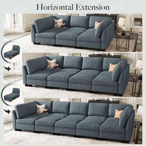 Image of Belffin Modular Sectional Sleeper Sofa Bed with Extendable Length Deep Seat Cloud Couch for Living Room. Blue Grey