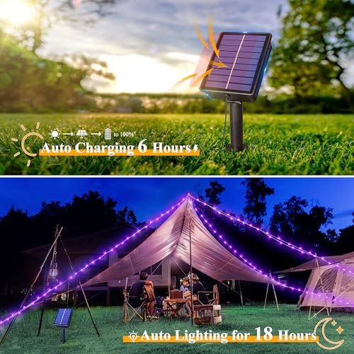 Image of Ollny Purple Solar String Lights, 2 Pack Total 80FT 240LED Waterproof Solar Halloween Lights, 8 Modes Fairy Lights for Outside House Yard Garden Holiday Party