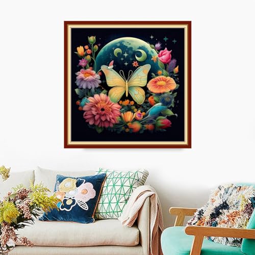 Image of Foxdiviy Stamped Cross Stitch Kits Full Range of Embroidery Needlework Starter Kits for Beginners Adults 11CT Embroidery Patterns Art Crafts DIY Needlepoint Kits-Butterfly Moon 18x18 inch