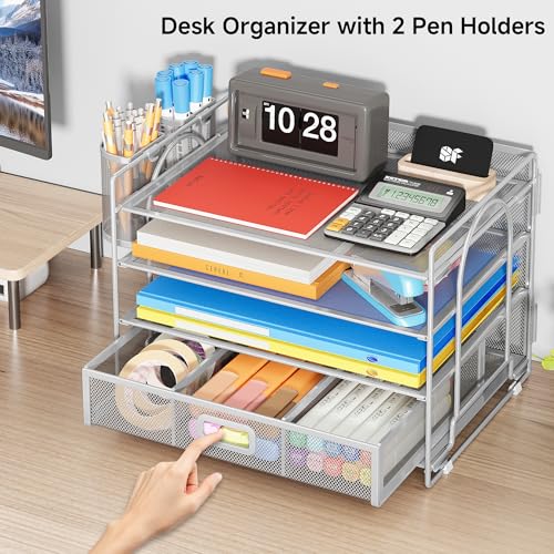 VITVITI Mesh Desk Organizer with Drawer, 4 Tier Desk Tidy Desktop Stationary Organiser Desk Tidy Organiser Storage with 2 Metal Mesh Pen Pencil Holders Pen Pot for Desk,Home, School,Office Accessories - Image 3