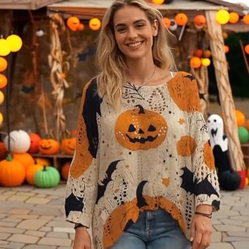Pumpkin Crochet Sweater, Women's Halloween Pumpkin Print Long Sleeve Knit Top, Halloween Sweaters for Women 20253
