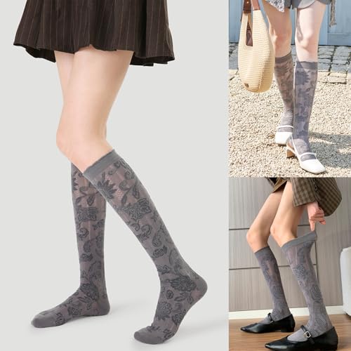 Women's Retro Casual Floral Hollow Knee High Socks Vintage Chic Calf Socks with Breathable Cutout Design - Image 3