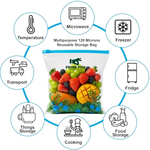 Image of Prime Pick Fresh Lock Zip Storage Bags Reusable Food Storage Zip Lock Bags 120 Micron Leak Proof Double Zipper BPA Free Food Grade Freezer Microwave Safe Blue Small Pack of 40