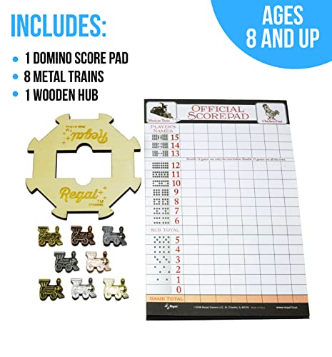 Regal Games Mexican Train Domino Expansion Set - 8 Metal Marker Trains With Unique Finishes - Replacement Wooden Hub - Scoresheet #TOP2