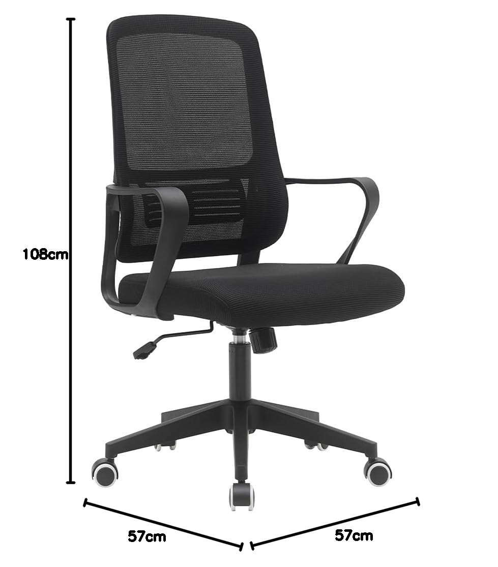 BAKAJI Sedia da Scrivania Ergonomica con Ruote Girevoli Antigraffio, Schienale in Tessuto Traspirante e Supporto Lombare, Poltrona da Studio Ufficio Regolazione Altezza Gas 98-108cm (Nero)