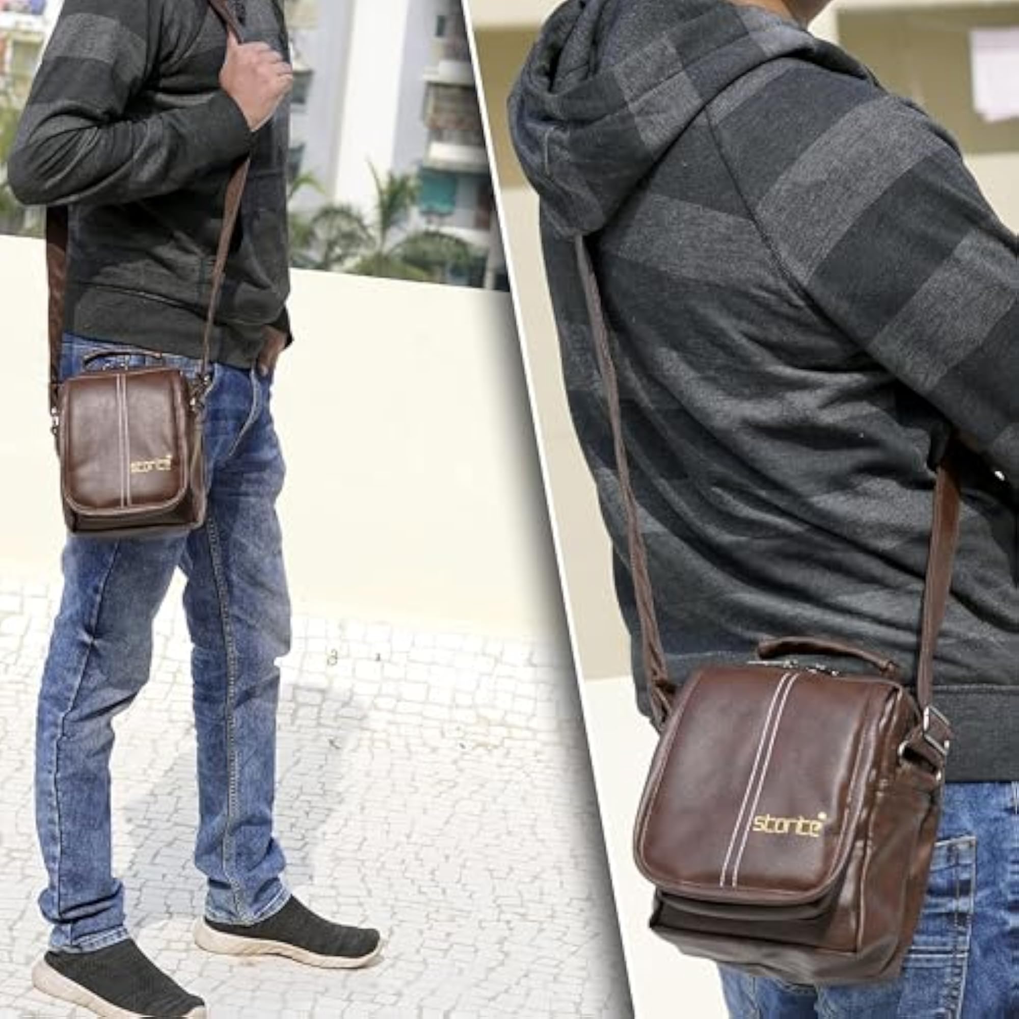 Brown PU Leather Sling Bag, Compact Design