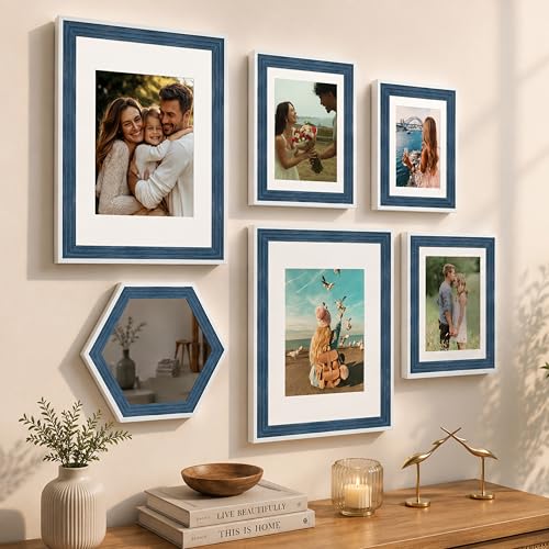 Image of Art Street Blue Gallery Wall Photo Frame Set with Hexagon Mirror | Modern Collage Timeline Wall Decor for Living Room, Bedroom & Family Memories | Multi Size Frame Set