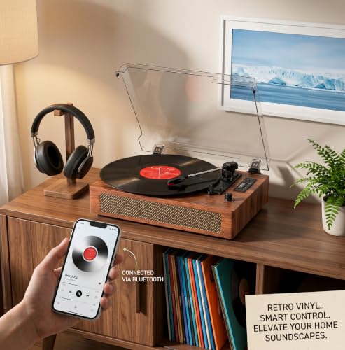 Image of Vinyl Record Player Vintage Turntable with Built-in Stereo Speakers, Bluetooth, USB Recording & Playback, 3-Speed Belt Drive Turntable for Vinyl Records, AUX,RCA Ouptut -Retro Wood