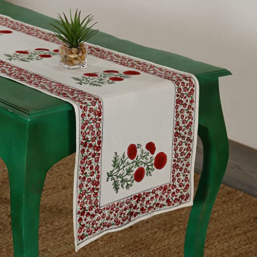 Image of Ravaiyaa - Attitude is everything Cotton Hand Block Printed Table Runner Bed Runner Table Bed Decor (Red Marigold)