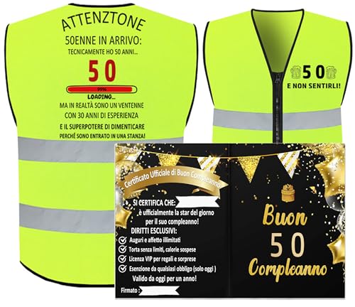 MKISHINE Gilet 50 Anni Compleanno + Biglietto di Auguri 50 Anni Gigante – Idea Regalo Divertente per Festa 50° Uomo Donna – Scherzo Compleanno con Frase Umoristica Stampata (50)
