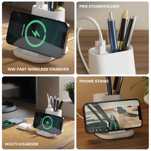 Image of XECH 3-in-1 Fast Wireless Charger with Pen Stand | 15W Fast Wireless Charging Pad with Dual USB Output Ports | Charge 3 Devices at Once | Desk Accessories with Phone Holder | Gift for Man Boys (Quest)