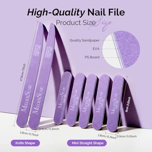 Image of MelodySusie 7Pcs Nail Files 100 /180 Grit, 2 Standard & 5 Mini Mixed-Shape Emery Boards for Acrylic, Gel and Natural Nails, Portable Travel Manicure Pedicure Shaping Tools Kit, Purple
