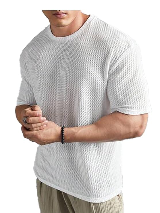 Image of Men Solid Waffle Round Neck Oversized /Dropshoulder |Baggy| Summer T Shirt for Ment Shirt