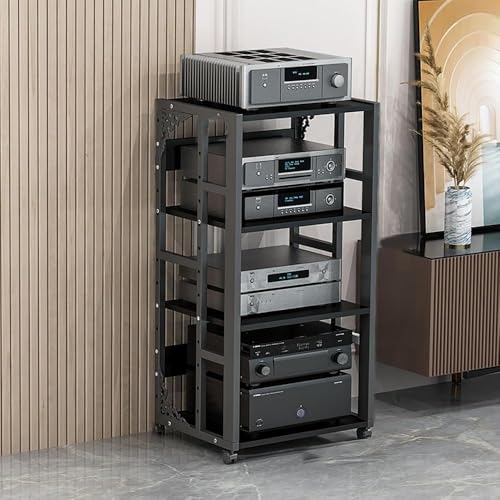 NIGOE メディアラック、オーディオラック、HiFiラック、2/3/4段、高さ調節可能、キャスター付き、アンプキャビネット、収納ラック、オーディオスピーカー、CDアンプ、機器ラック、多目的棚、電子レンジラック、取り外し可能な床、常設収納ラック、リビングル