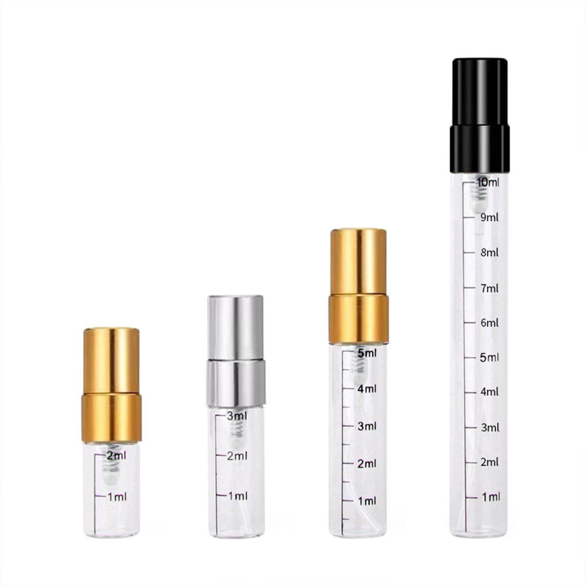 50 100 szt. 2 ml – 10 ml butelek perfum do wielokrotnego napełniania, pusty zestaw butelek z rozpylaczem ze stopniowanymi oznaczeniami, pojemnik na kosmetyki (złoty, 100 szt., 3 ml)