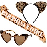 Ceriselle Decoraciones de Cumpleaños de Leopardo, Set de 3 Piezas de Disfraz de Leopardo y Orejas para Mujer, Banda de Leopardo y Gafas de Sol en Forma de Corazón para Fiesta de Cumpleaños y