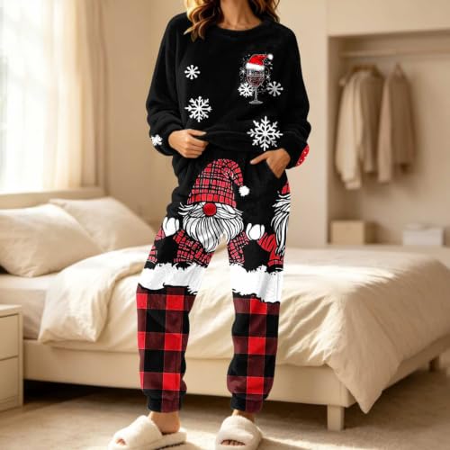 YNCSZEC Womens Christmas Pajama Sets Flannel Long Sleeve Crewneck Printed Lounge Set Warm Fleece 2 Piece Sleepwear Black christmas clothes women M - image 5