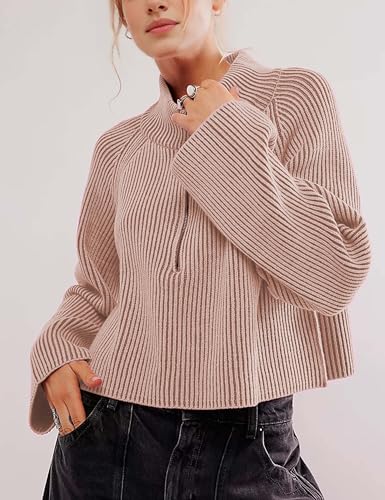 Image of Half Zip Pullover Sweaters for Women Long Sleeve Mock Turtleneck Ribbed Knit Tops Fall Winter Loose Slouchy Jumpers (Pink-L)
