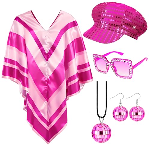 Bryndo 5 Pcs 70s Fancy Dress Set for Women Disco Costume Accessories with Abba Pop Poncho Sequin Beret Hat Square Bling Sunglasses Earrings Necklace for 70s Theme Party Dress Up (Pink)