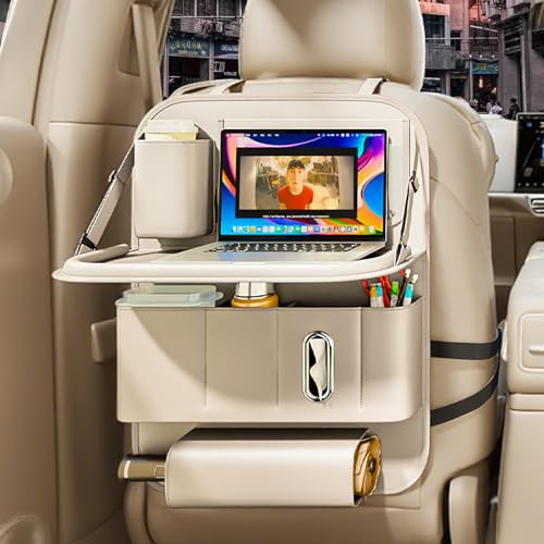GMQ Backseat Car Organizer with Tray 1 Pack Car Backseat Organizer with Foldable Table for Kids Multifunctional Seat Back Organizer with Storage Pockets Car Storage Organizer (Beige)