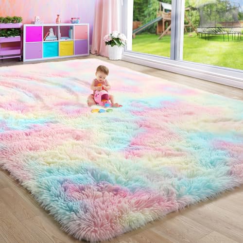 Image of Rainbow Fluffy Rugs for Girls Bedroom, Unicorn Room Decor,Pastel Area rug for Kids, Shag Carpet for Nursery, Soft Play Mat for Baby, Fuzzy Rug for Living room, Plush Rug for Playroom, Throw Rug 6x9