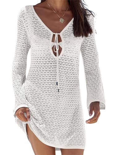 Häkelkleid für Damen, Strandkleid, ausgehöhlter Schlitz, Badeanzug, Sommer-Badeanzug, Bikini, Überziehkleid, B-weiß, 42