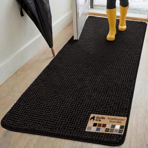 Image of GORILLA GRIP SoakSTOPPER Dog Door Mat, 70x24 Machine Washable Rug Absorbent Doormat Captures Moisture Mud Dirt, Quick Dry Soft Chenille Entryway Rugs Indoor Entrance Mats for Dog Paws, Black