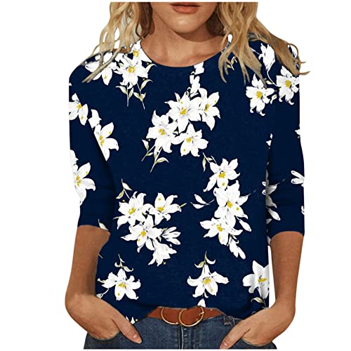 HTHLVMD Womens 3/4 Length Sleeve Tops 2025 Fall Fashion Floral Print Crewneck Causal Trendy Tunic Tops for Women