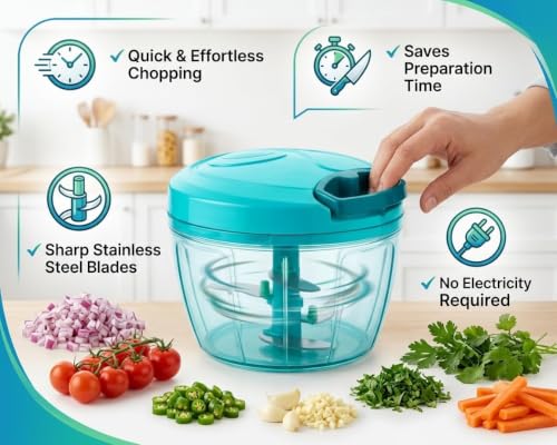 Image of Quick Manual Vegetable Chopper with 6 Stainless Steel Blades (900 ml) | Heavy Duty Onion Cutter & Fruit Chopper for Kitchen | Multi-Color (Pack of 1)