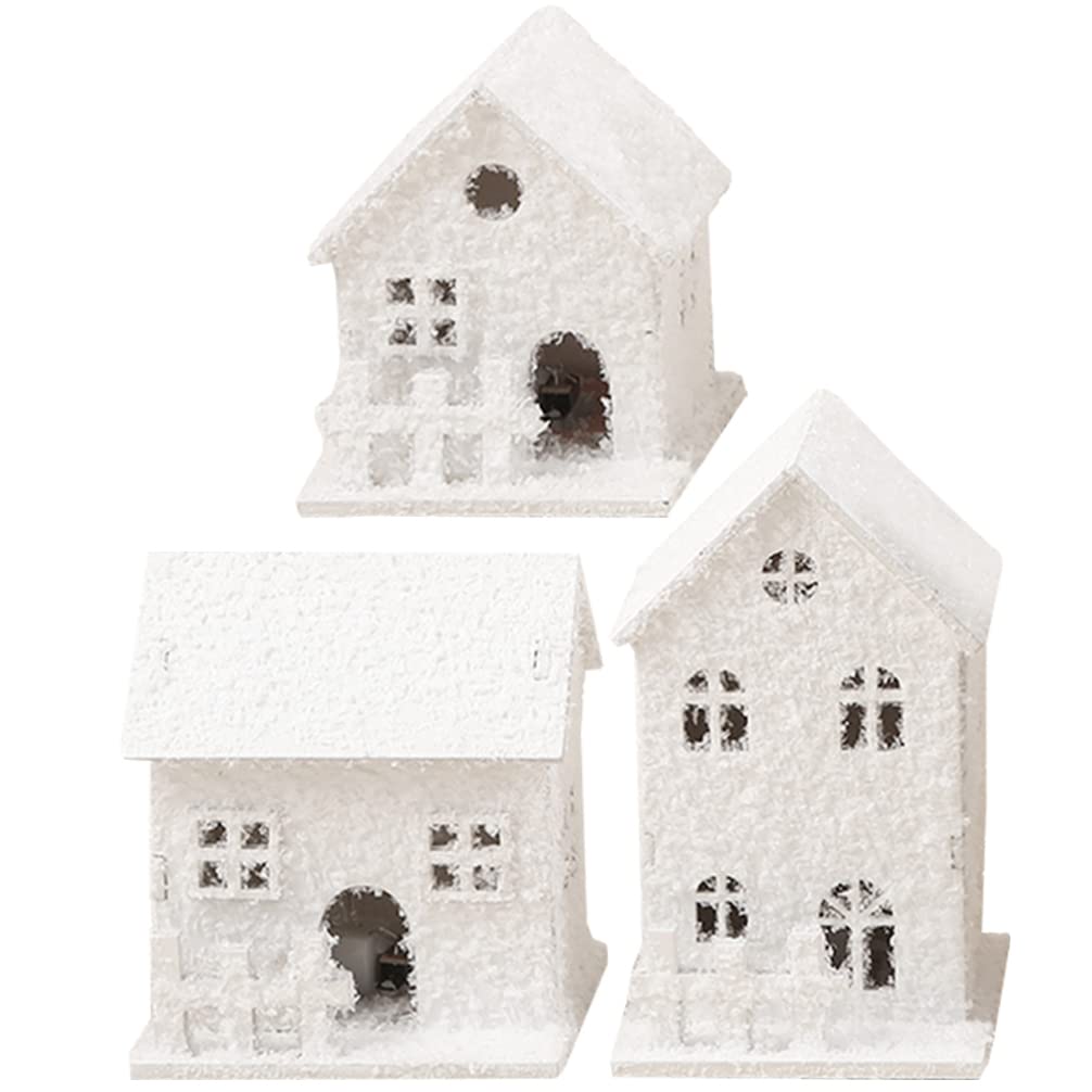 TOYANDONA Christmas Village Houses White, 3Pcs LED Lighted Christmas Village Houses Wooden Xmas Snow s for Tabletop Mantle Decor Collectible Buildings
