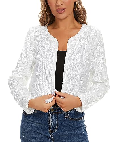 MINTLIMIT Women's Sequin Jacket Open Front Long Sleeve Party Shiny Glitter Shrug Shiny Sparkle Bolero Cardigans(White, S)3