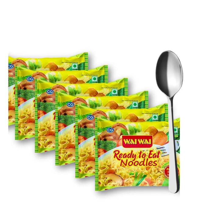 Wai Wai Veg Ready To Eat Masala Flavoured (Pack Of 6) With Stainless Steel Dessert Spoon,70 Grams