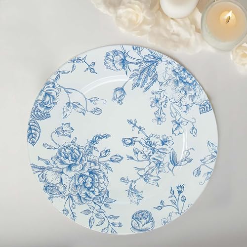 TABLECLOTHSFACTORY 6 Pack White Blue Floral Acrylic Charger Plates in French Toile Pattern, Round Dinner Charger Event Tabletop Decor - 13