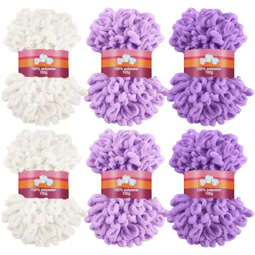 Image of Threlaco 6 Pack Finger Loops Yarn Bulk Soft Chunky Yarn 600 G / 6 Skeins for Mothers Day Beginners Knitting No Needles or Hooks(White, Light Purple, Taro Purple)