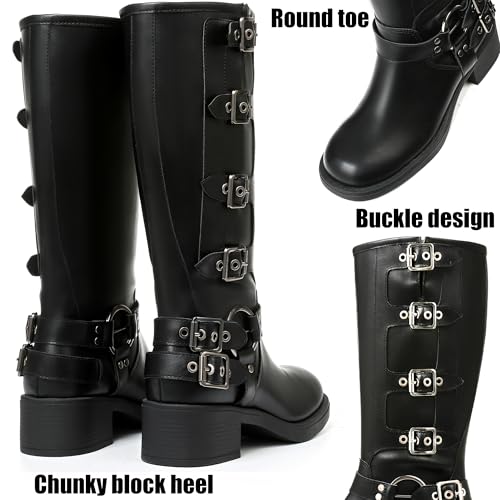 Image of AMINUGAL Knee High Boots Women Square Toe Pull On Wide Calf Riding Fashion Buckles Chunky Metallic Casual Vintage Buckle Rivet