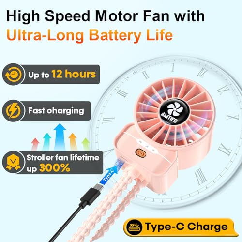 Image of AMTIFO Pink Stroller Fan - USB Rechargeable, Quiet Cooling, 4 Adjustable Speeds, Portable Baby Fan for Strollers, Car Seats, Nurseries, Outdoor Use, Long-Lasting Battery