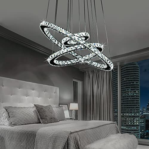 Kkmywan Modern Crystal Chandelier Dimmable 3 Ring Led Chandelier Round Pendant Light Fixture With Remote Ceiling Hanging Light For Dining Room Living Room,Color Changeable 23.62”+15.75”+7.87” #TOP2