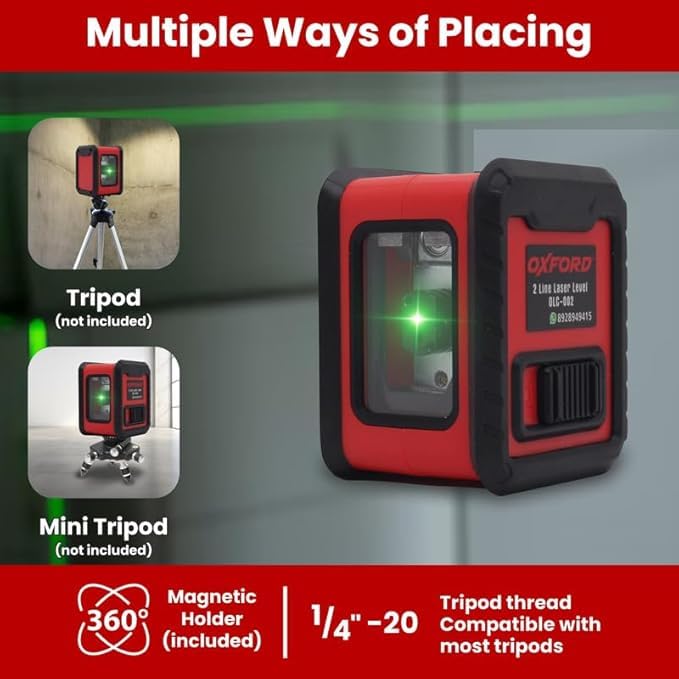 Image of OXFORD OLL 002 2-Line Green Laser Level, IP54 Dustproof & Shockproof, 98ft Range, 卤2mm Accuracy, Versatile Magnetic Holder, Powered by 3 AAA Batteries,Oxford 2 Cross Line Level, | Accuracy 卤2mm /5m
