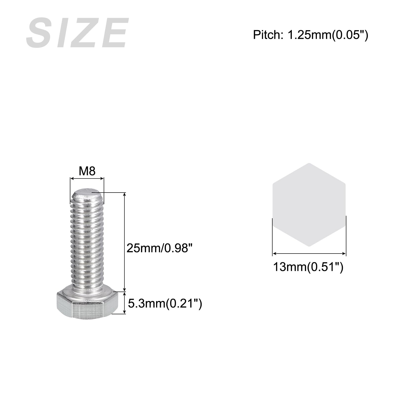 METALLIXITY Hex Bolts (M8-1.25x25mm) 10Pcs, 304 Stainless Steel Coarse Fully Threaded Hex Head Screw Bolt Machine Screws - Image 2