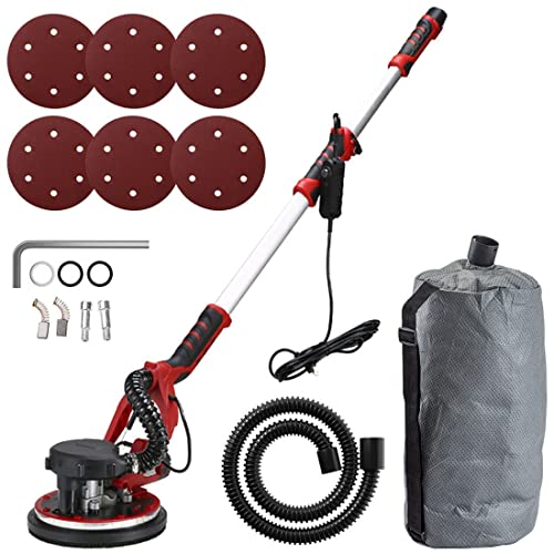 Lijadora de pared eléctrica con accesorio de vacío, lijadora de paneles de yeso de 1250 W con 6 discos de lijado y luz LED, velocidad variable, mango extensible, ideal para lijar techos, incluye acc