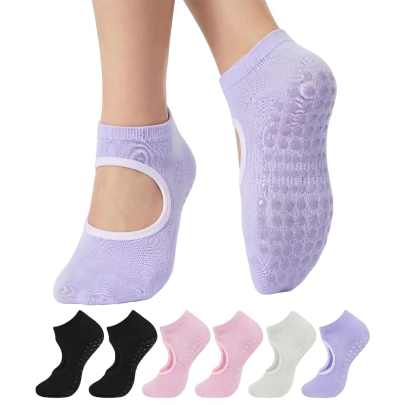 J-BOX 6 Pairs Pilates Socks for Women - Non Slip Grip Socks for Yoga, Barre, Hospital, Barefoot (2 Black + 2 Pink + 1 Silver Gray + 1 Purple (6 Pairs))