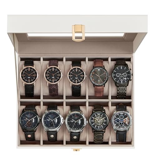 Image of SONGMICS Watch Box, 10-Slot Watch Case Organizer with Large Glass Lid, Removable Pillows, Gift for Loved Ones, Cloud White Synthetic Leather, Cappuccino Beige Lining UJWB010W01